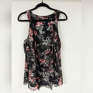 White House Black Market Floral Chiffon Blouse - Black and Pink